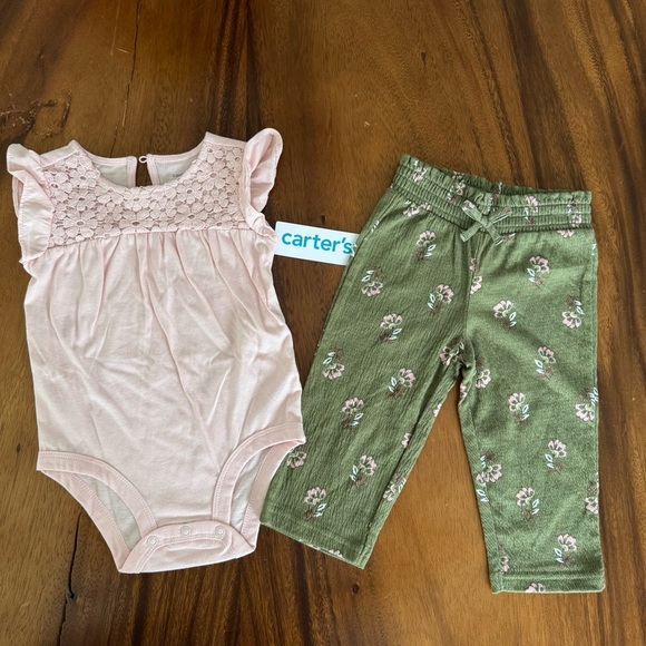 NWT Carter's Light Pink 100% Cotton Bodysuit  and Olive Floral Pants Set Size 9M - Picture 1 of 6